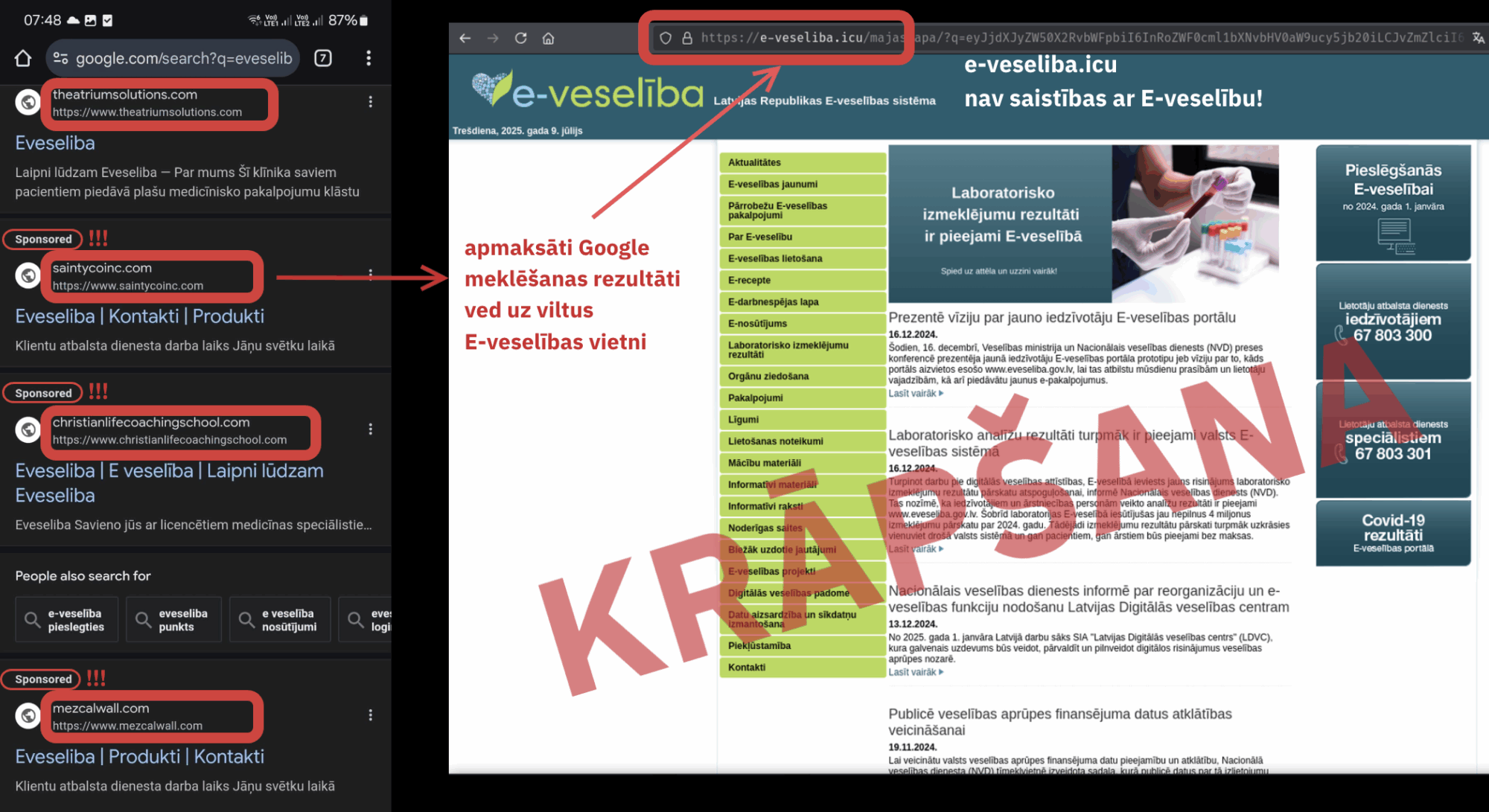Apmaksāti Google meklēšanas rezultāti reklamē viltus e‑veselība vietnes