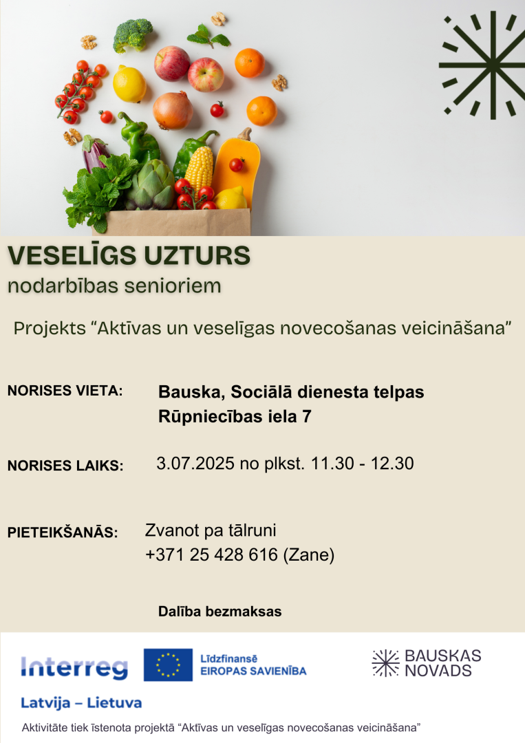 Seniori un personas ar invaliditāti aicināti piedalīties nodarbībās par veselīgu uzturu