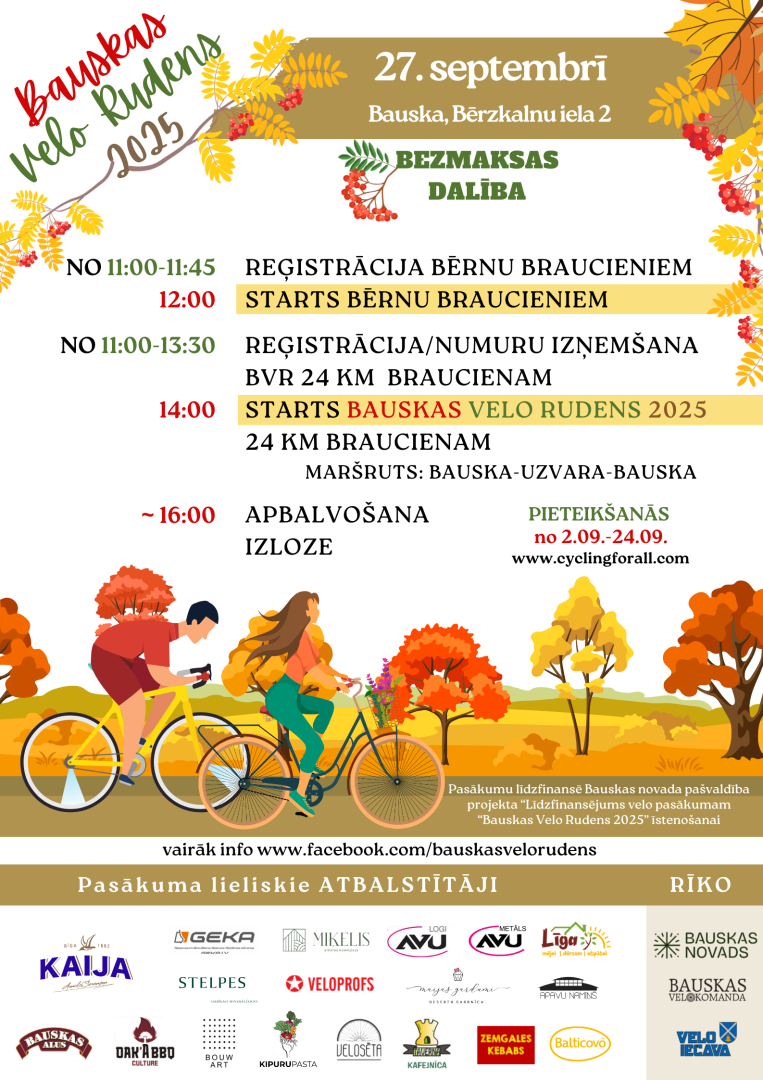Septembrī riteņbraucējus pulcinās ”Bauskas velo rudens 2025”