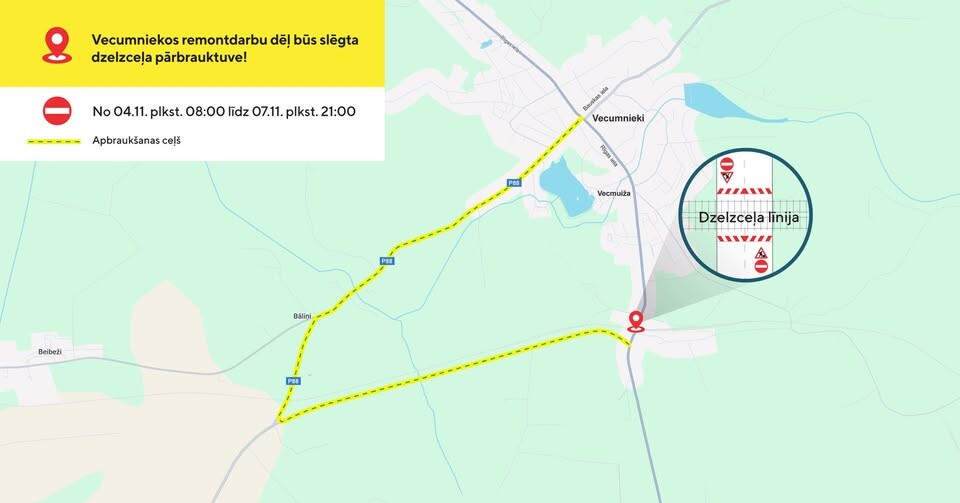 Slēgtas pārbrauktuves dēļ – izmaiņas autobusu maršrutos